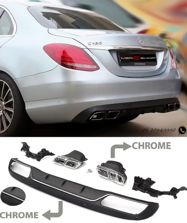 Mercedes W205 C-Klasse standaarduitrusting diffuser + uitlaatstukken (CHROOM) in C63 AMG design