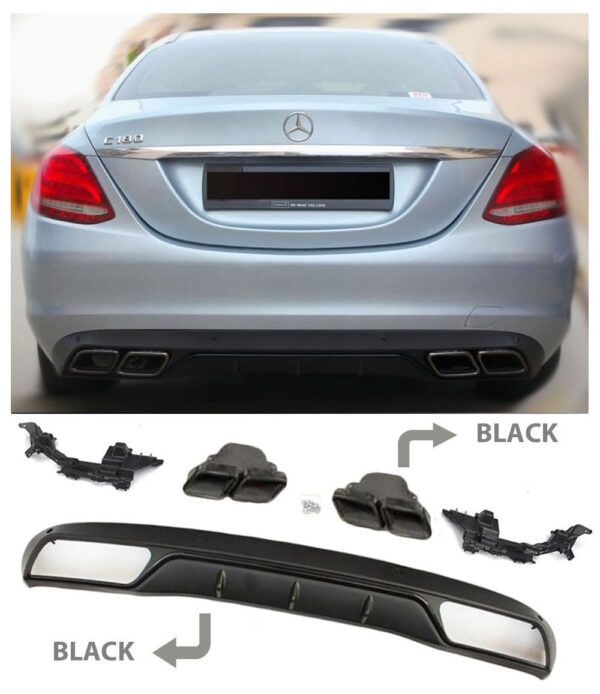 Mercedes W205 C-Klasse standaarduitrusting diffuser + uitlaatstukken (ZWART) in C63 AMG design